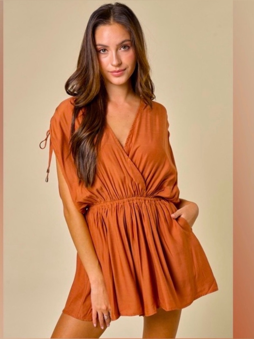 Blue Blush V- neck Open Back Surplice Romper with Pockets size Large.